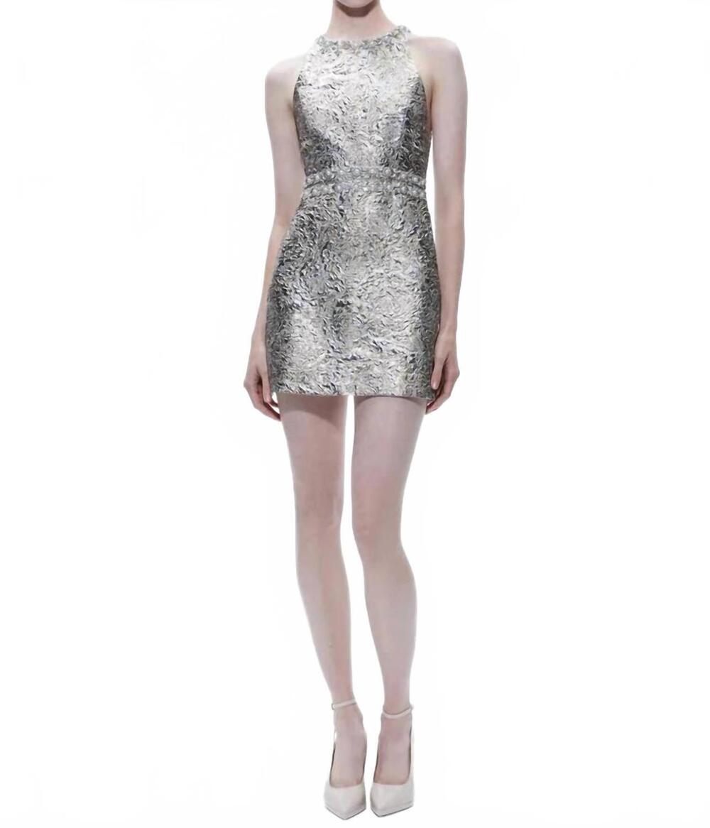 NEW ALICE + OLIVIA dru crew neck mini dress in silver/gold - Picture 1 of 4